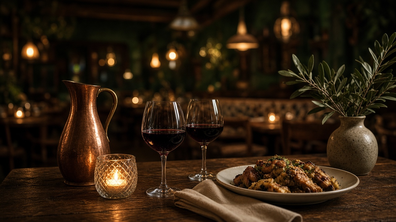 Gedeckter Tisch mit Wein, Kerze und Kupferkrug im Zum Stein