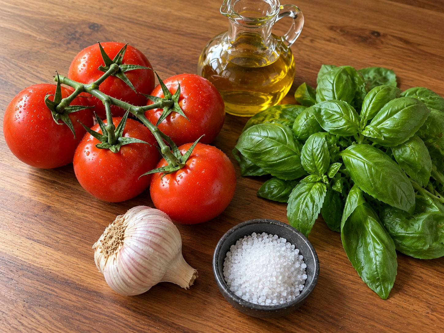 Frische Tomaten, Basilikum und Olivenöl